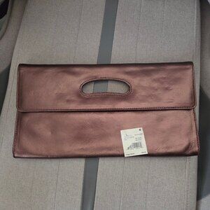 Hobo International Katrina Bronze Leather Clutch Fold Over Cutout Handle